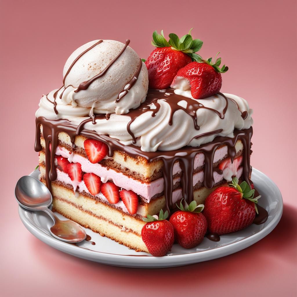 Hyperrealistic Strawberry Cream Cake with Ice Cream