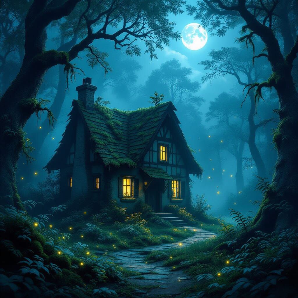 Enchanted Forest Cottage in Ethereal Moonlight