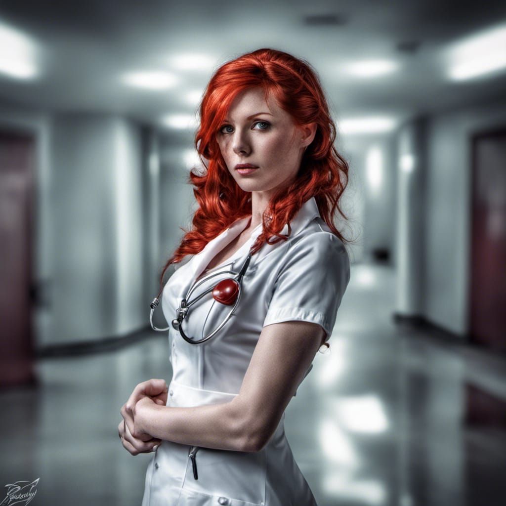 Hyperrealistic Redhead Nurse in Latex Outfit
