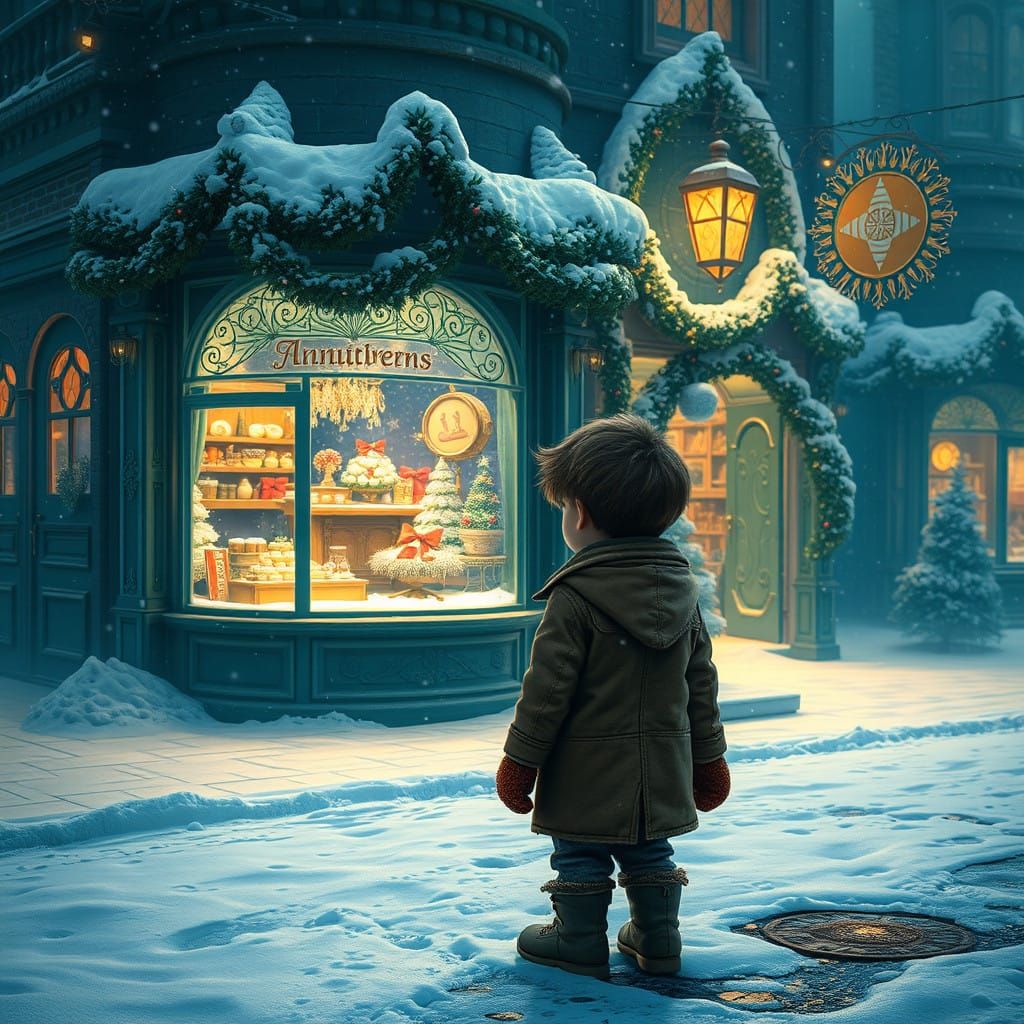 Wistful Child in Enchanted Winter Wonderland Scene
