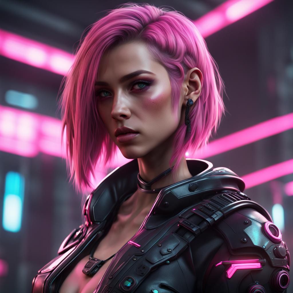 Cyberpunk Girl with Pink Hair, Detailed Digital Art