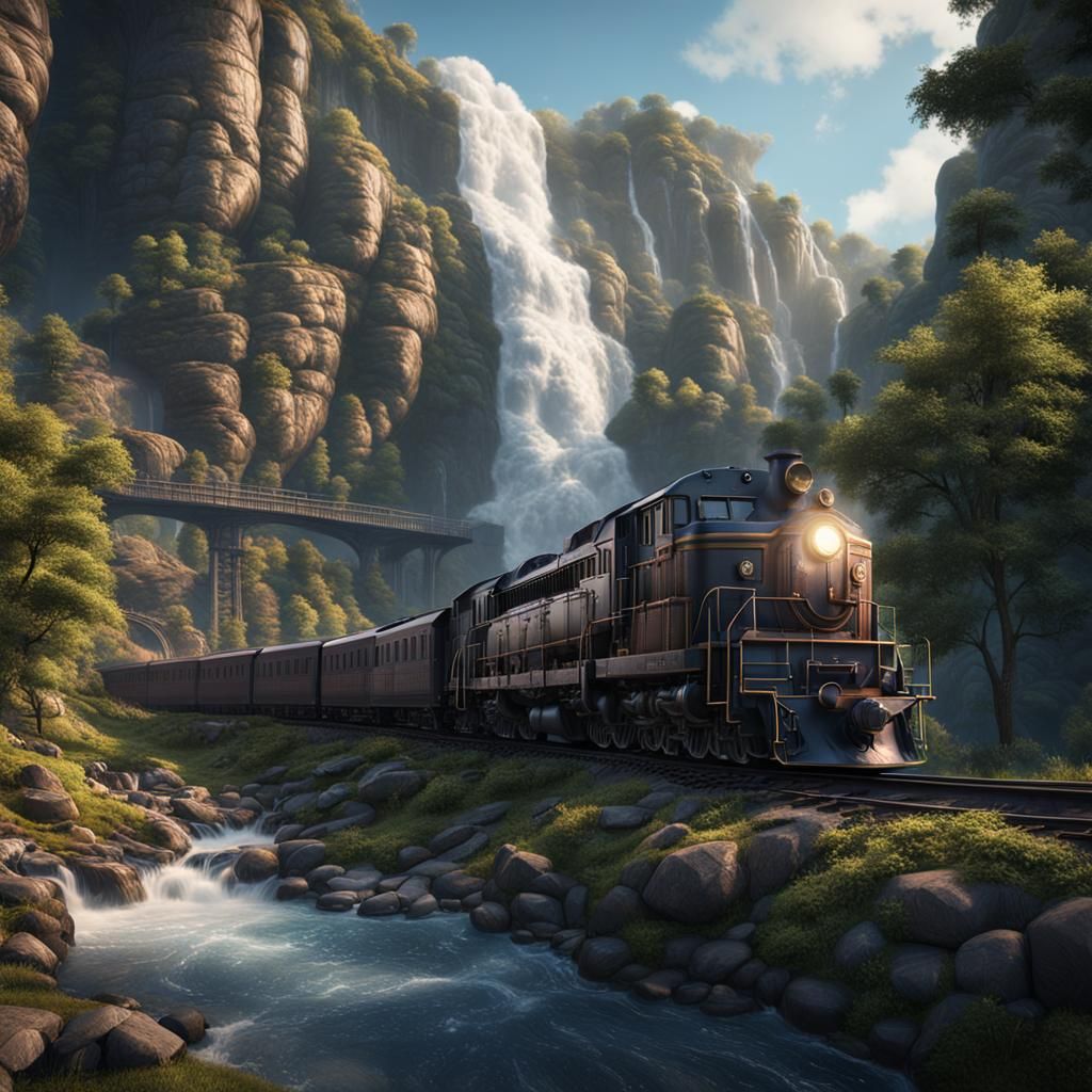 Train Amidst Waterfall in Detailed Matte Painting