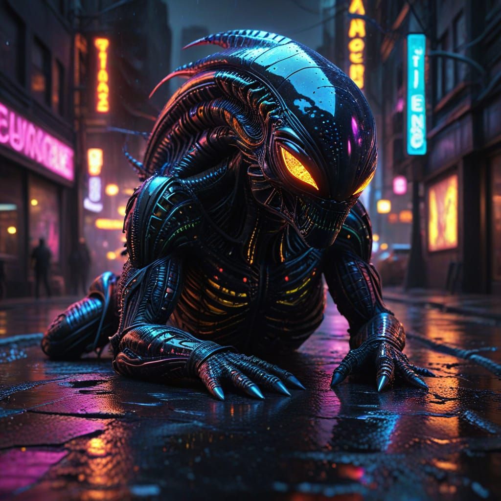 Alien in Neon Noir Cityscape: Digital Matte Painting