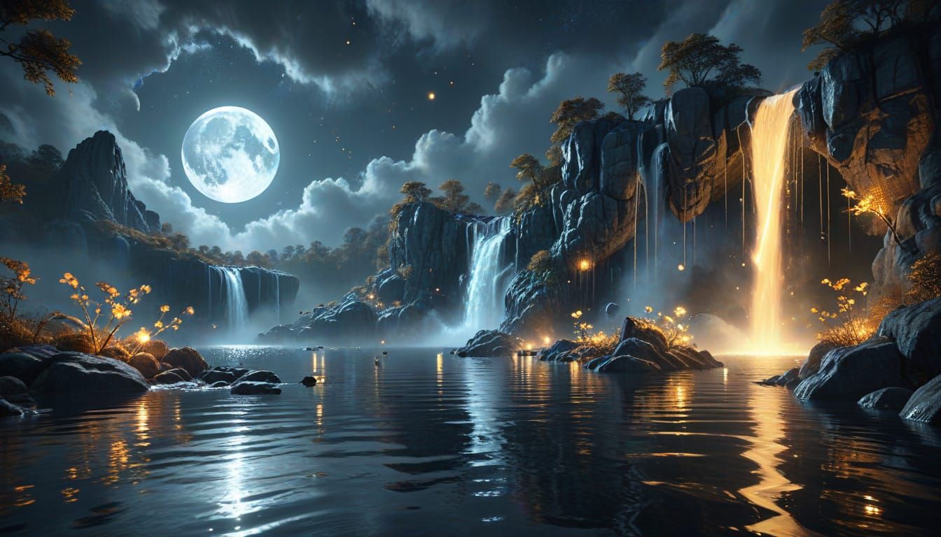 Dreamlike Fantasy Waterfalls from Full Moon onto Floating Ro...