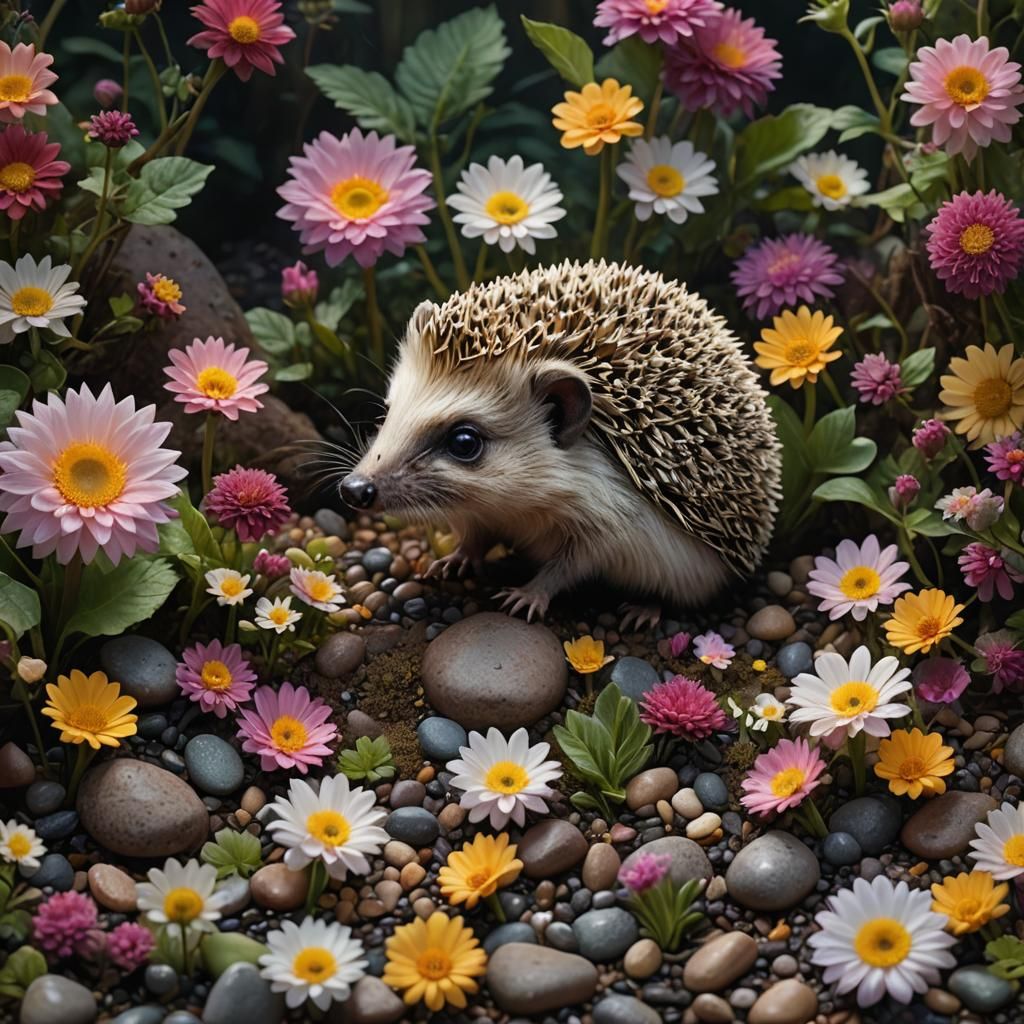 Detailed Baby Hedgehog Snacking on Flowers