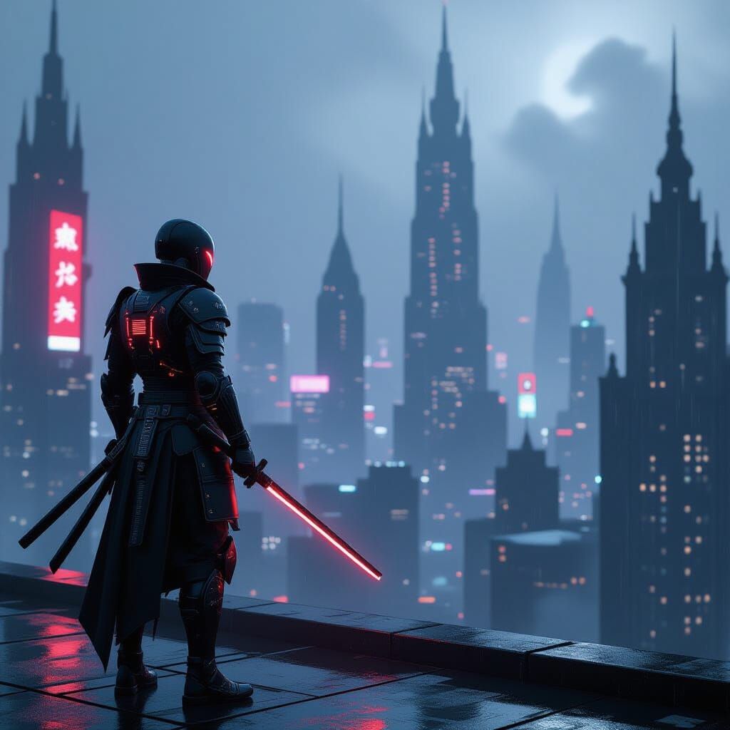 Cybernetic Samurai Warrior in Neon Metropolis