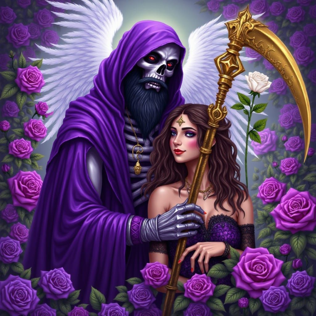 Skeletal God of Love and Death in Vibrant Purple Hues