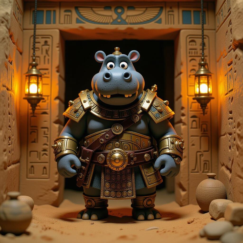 Steampunk Hippo Barbarian at Egyptian Tomb Entrance