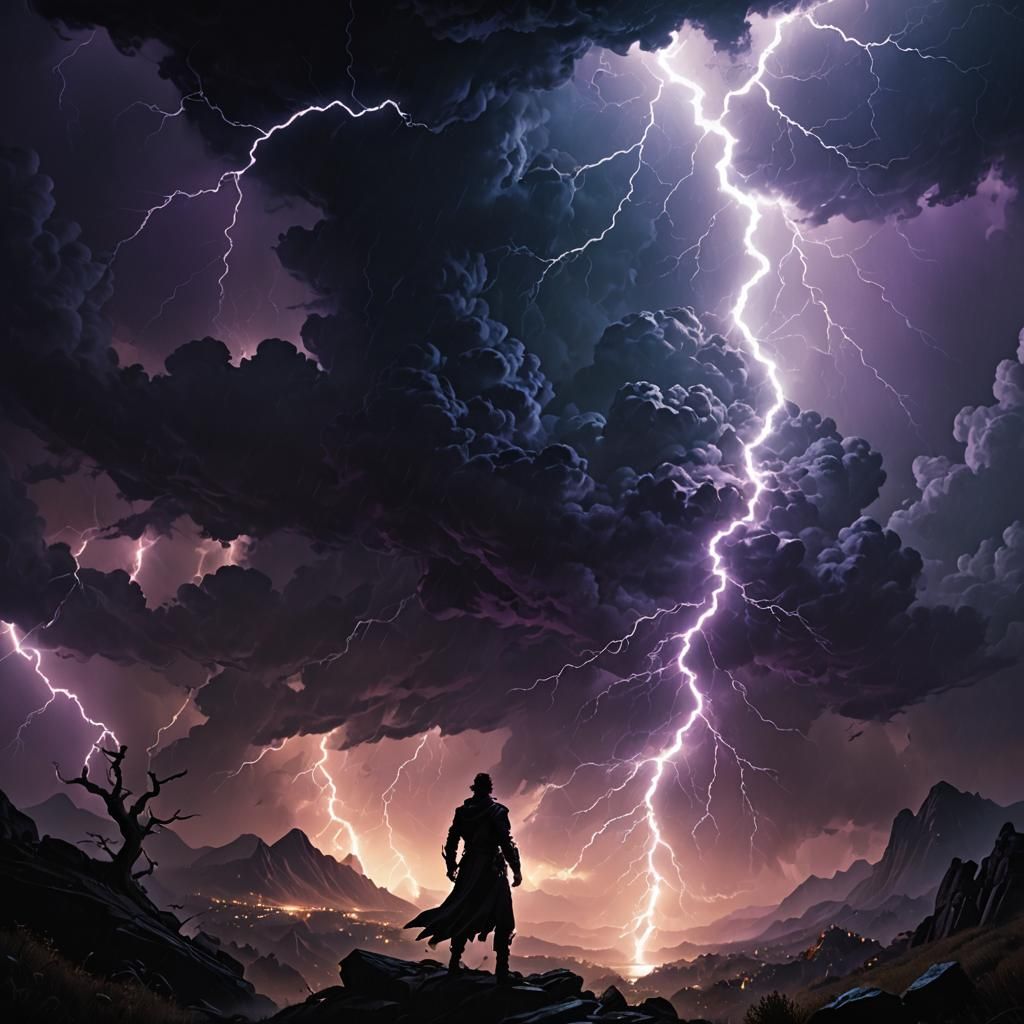 Dark Fantasy Silhouette in Lightning Storm
