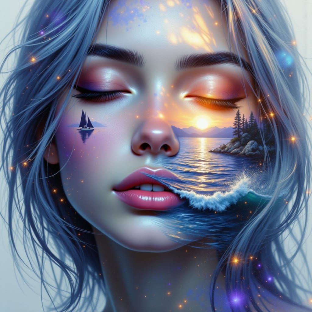 Surreal Seascape Portrait in Dreamlike Double Exposure