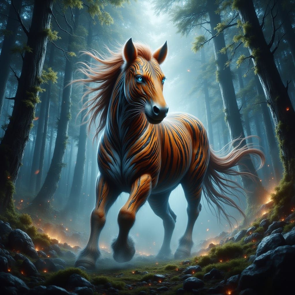 Majestic Tiger-Horse Hybrid Galloping in Dreamlike Forest