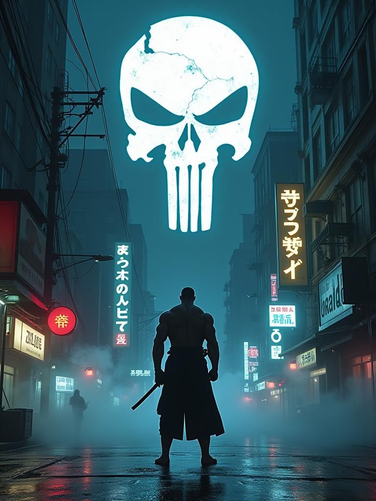 Dramatic Punisher in Dystopian Cyberpunk Cityscape