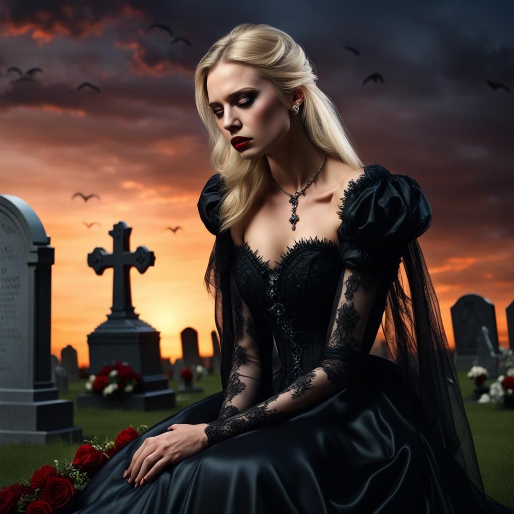 Grieving Vampire Widow at Cemetery Sunset