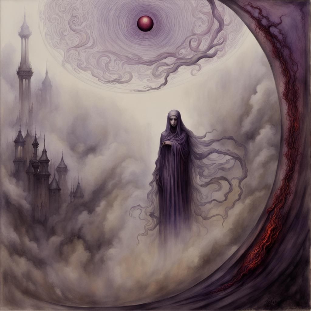 Ethereal Woman Emerging from Fog in Watercolor Style