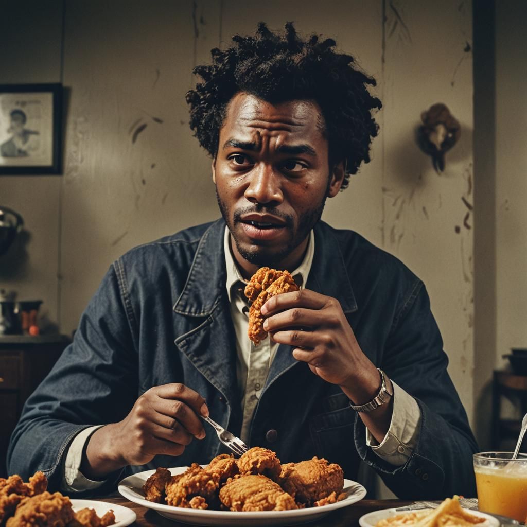 Cinematic Still of Person Eating Fried Chicken