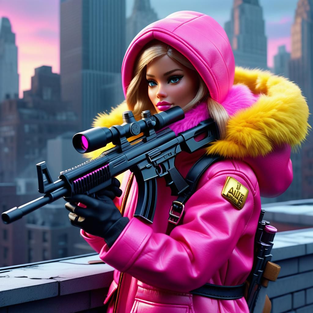 Barbie as Assassin on New York Roof in Digital Art