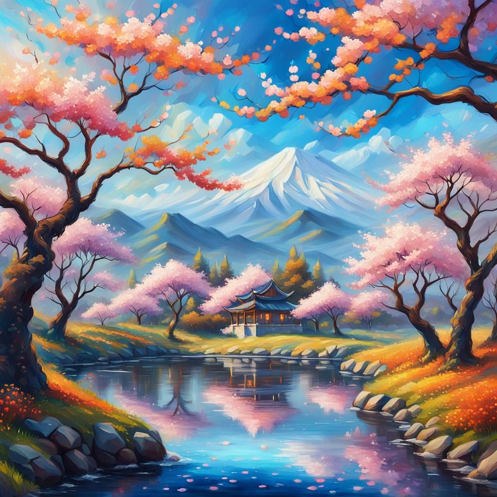 Cherry Blossom Landscape in Vibrant Oil Painting