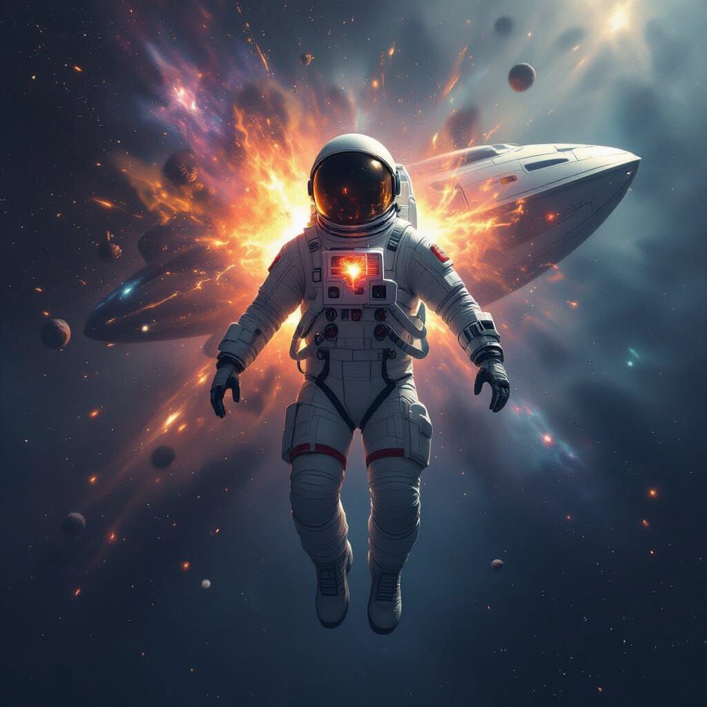 Astronaut Heart Explodes Galaxies in Dark Fantasy Space Scen...