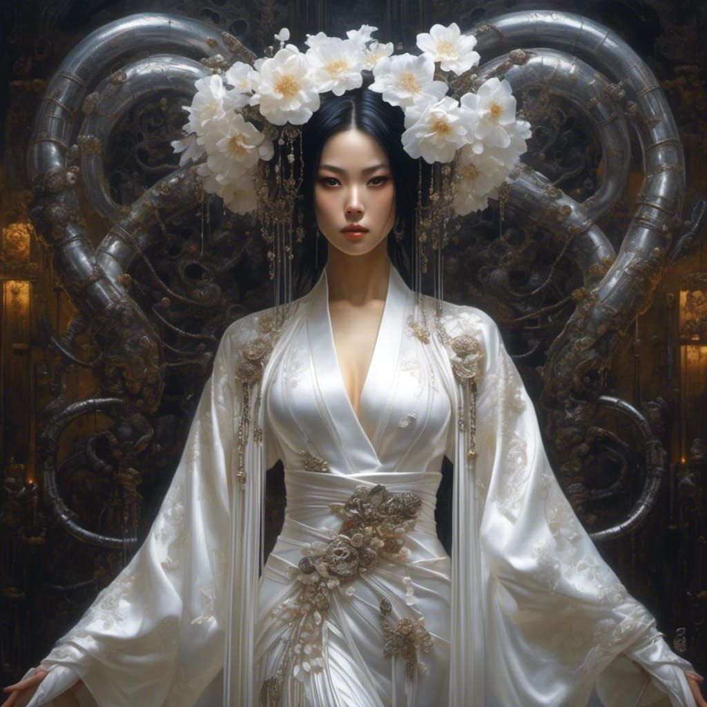 Gothic Japanese Woman in Latex Kimono Portrait