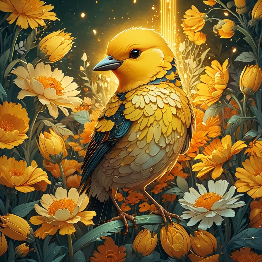Elegant Neon Bird Illuminated by Warm Marigold Flowers