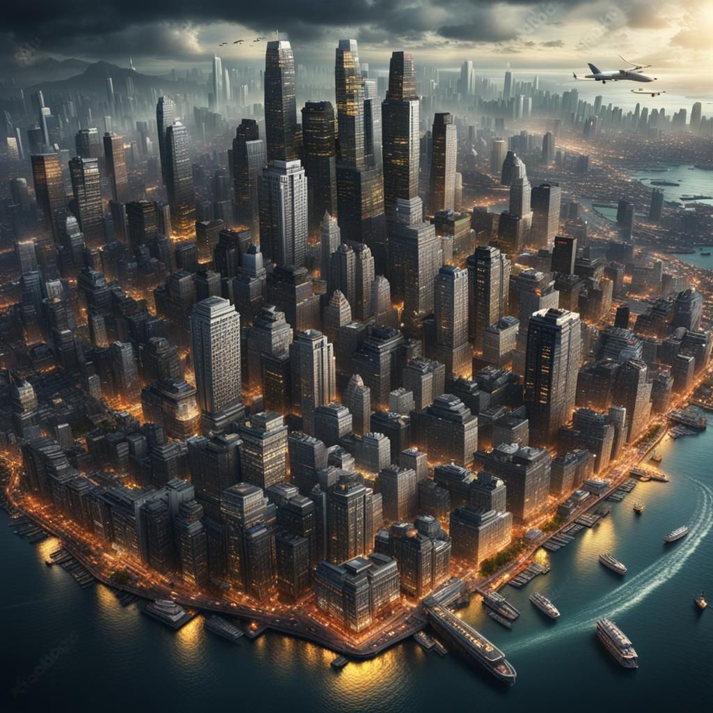 Hyperrealistic City on Crowded Island: Digital Matte Paintin...