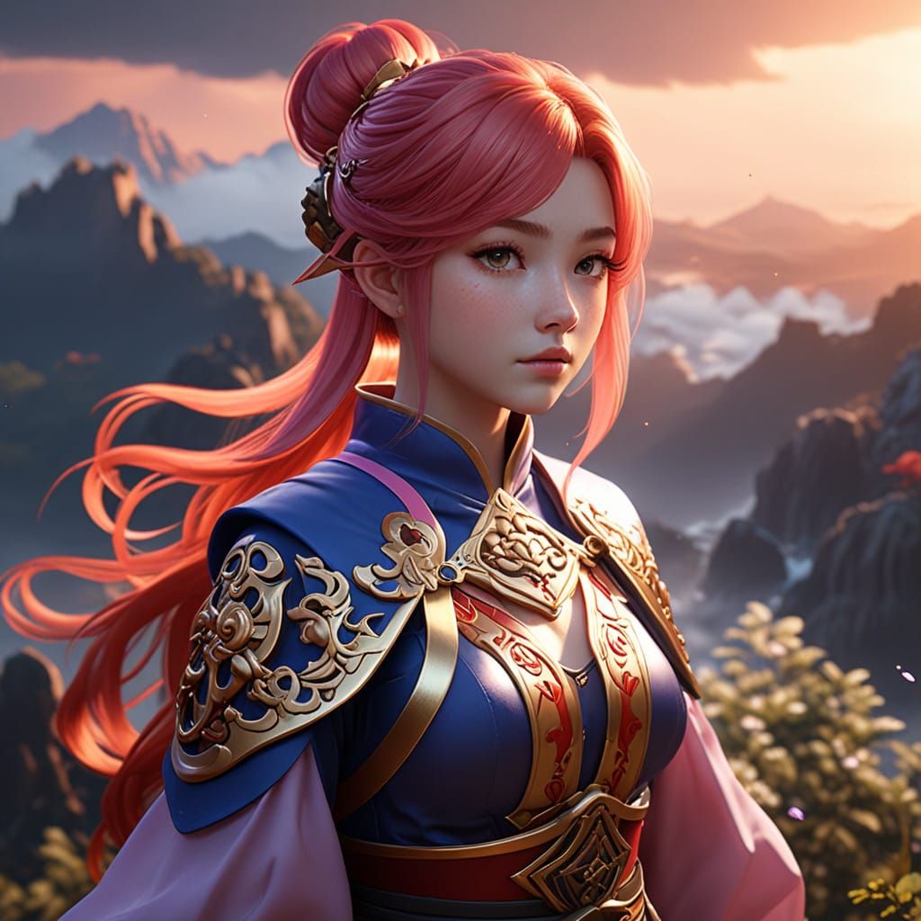 Anime-Inspired Sunset Goddess in Vibrant Clouds