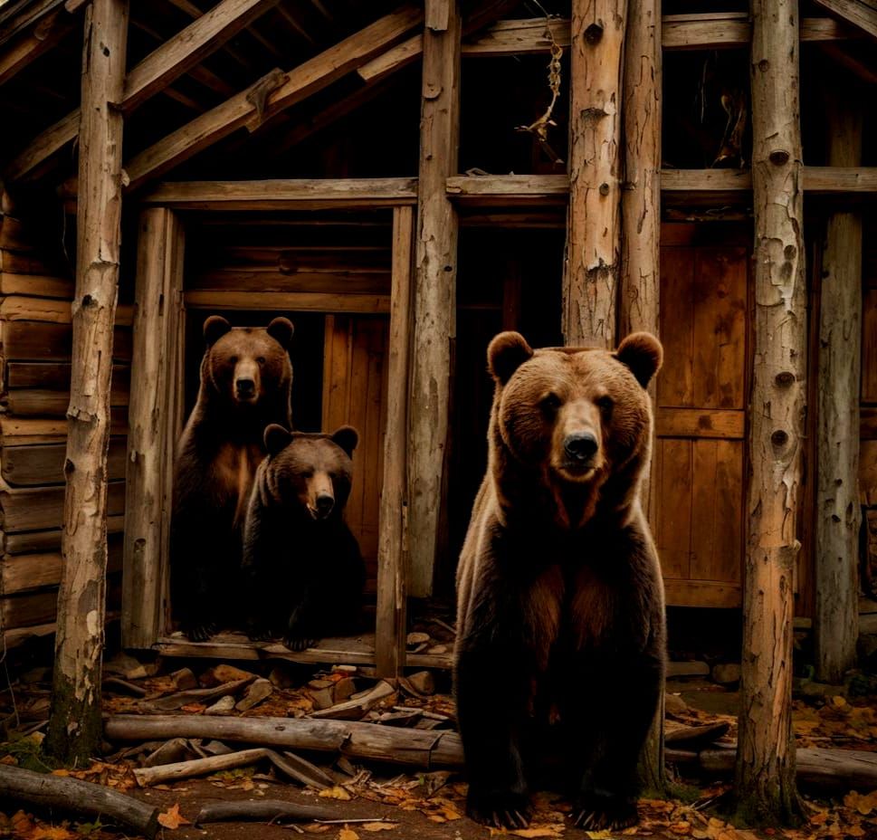 Brown Bears Roam Abandoned Cabin