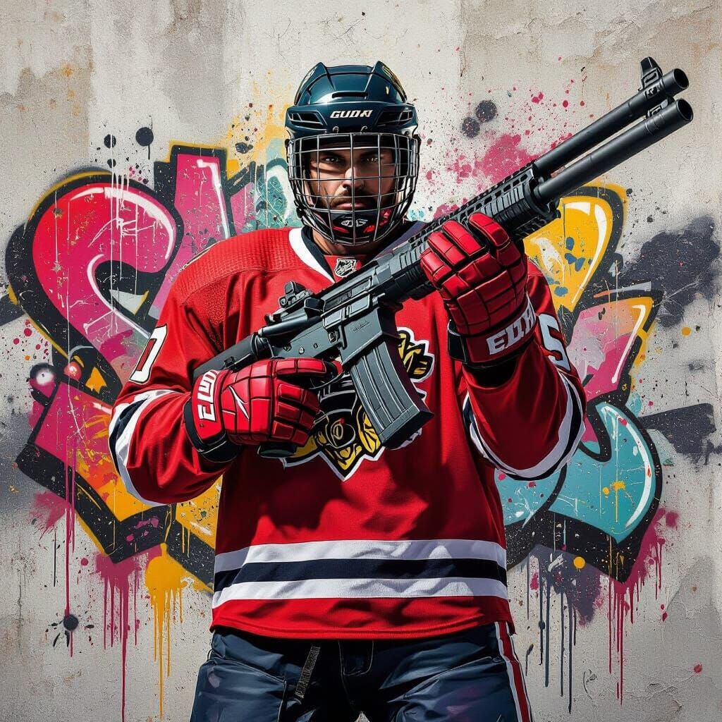 Hockey Player with Shotgun Amidst Graffiti Art
