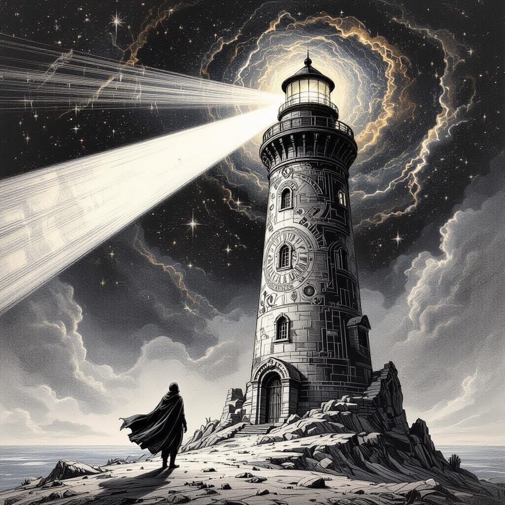 Cosmic Lighthouse in Nebula, Graphite Pen Style