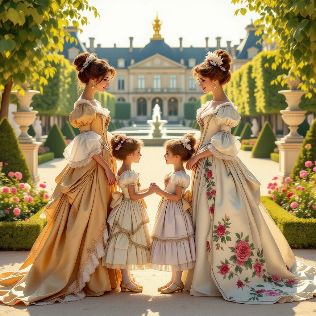 Versailles Courtiers and Daughters in Golden Hour Gardens