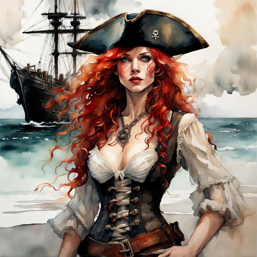 Goddess-Like Pirate on Island in Watercolor and Ink