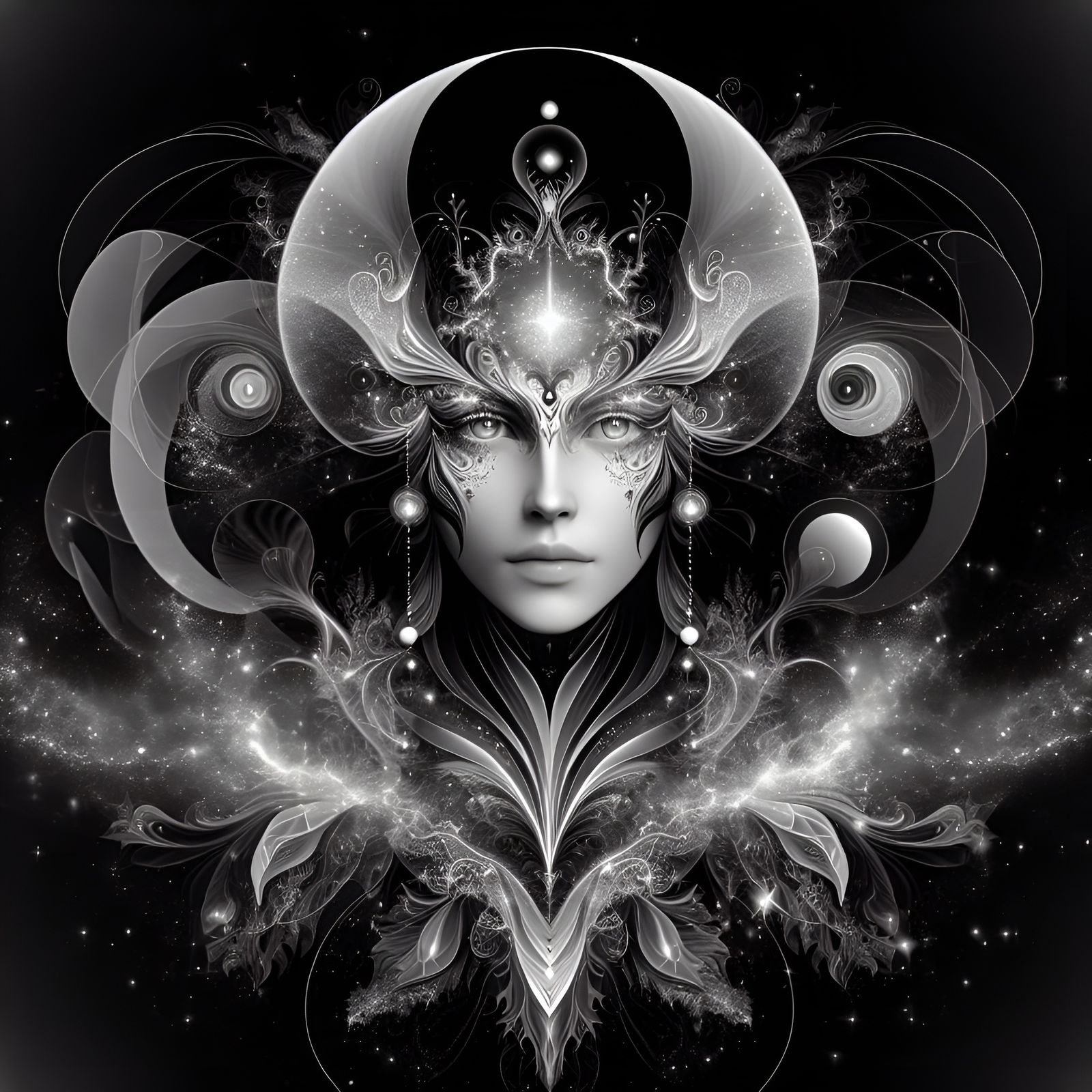 Porcelain Sorceress Portrait with Mystical Symbols