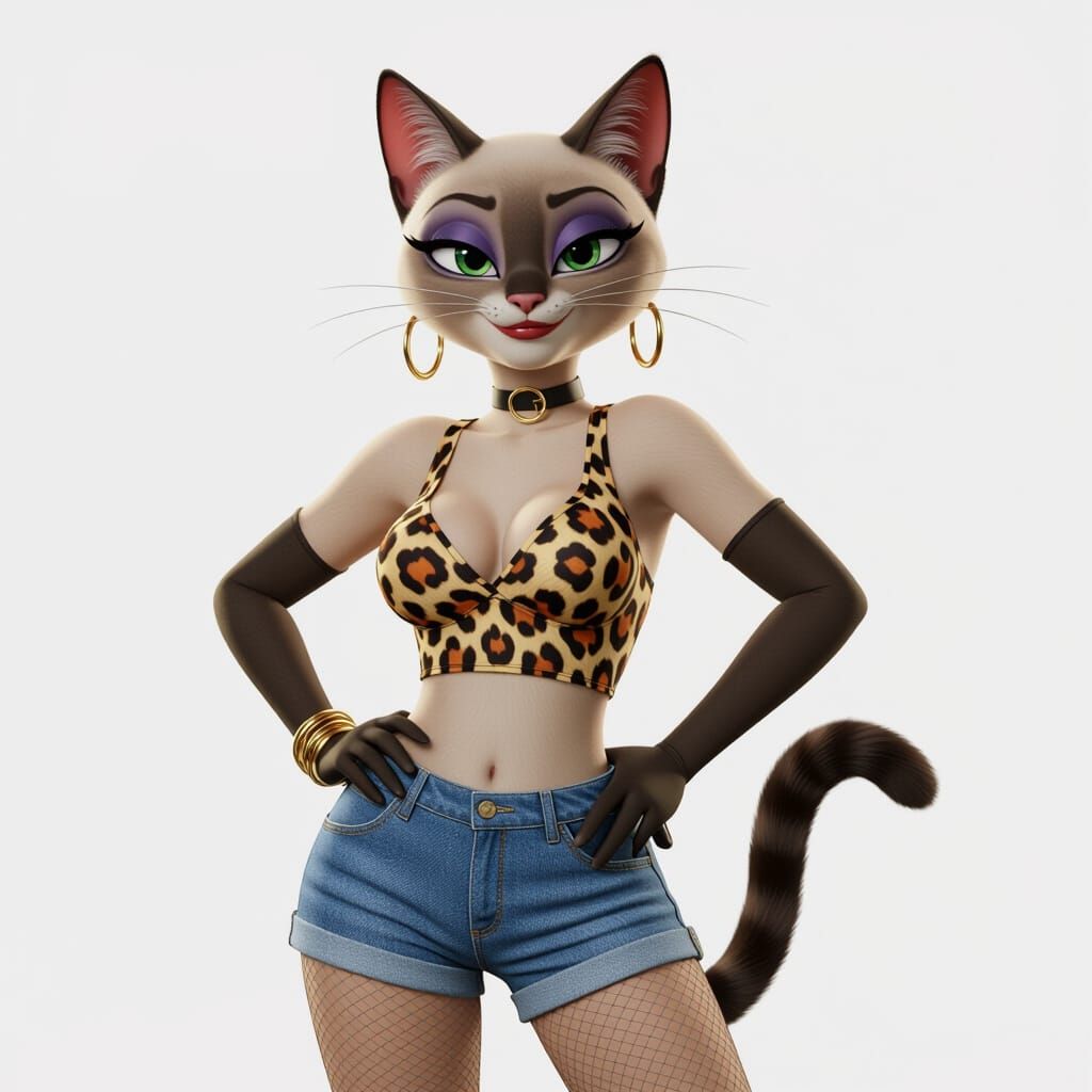 Sultry Siamese Cat Character in Hotpants