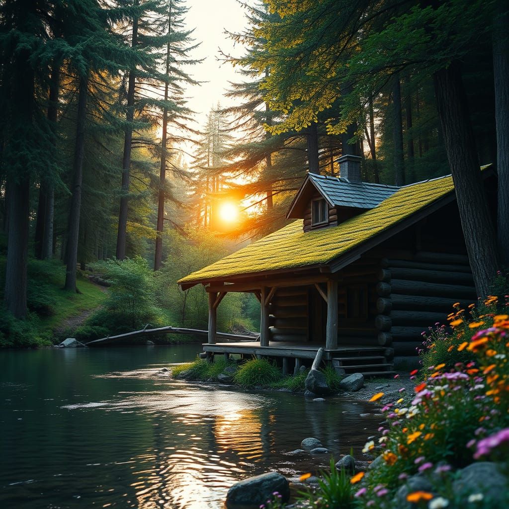 Serene Log Cabin Scene in a Vibrant Forest Landscape