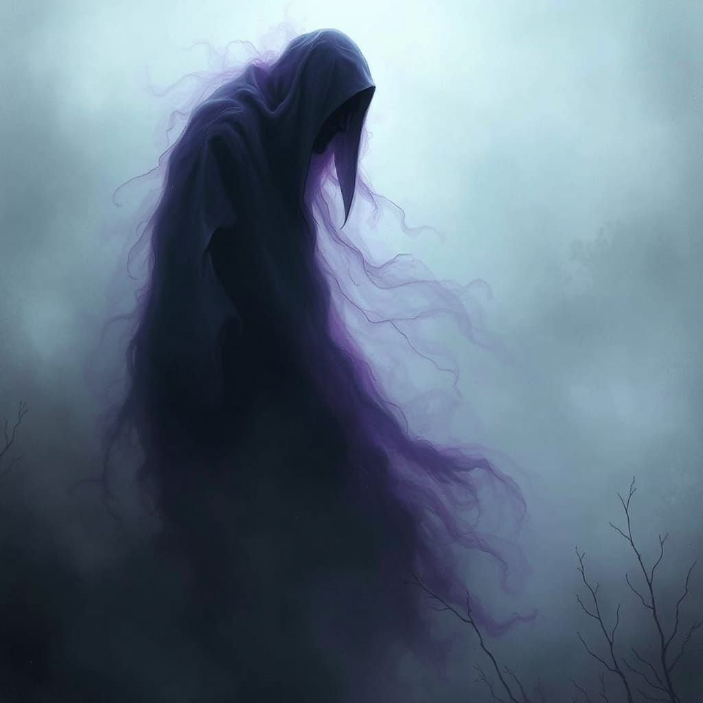 Ethereal Purple Figure in Haunting Landscape