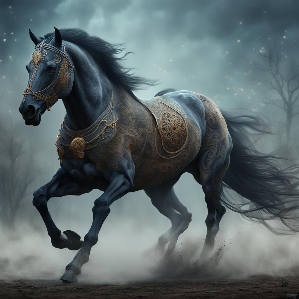 Horse with Skull Galloping Through Fog: Fantasy Art