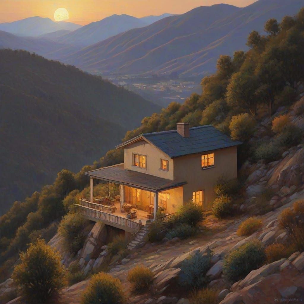 Mountain House Under Pearl Moon, Pointillist Oil Painting