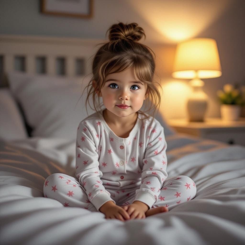 Cute 4-Year-Old Girl in Pajamas on Bed