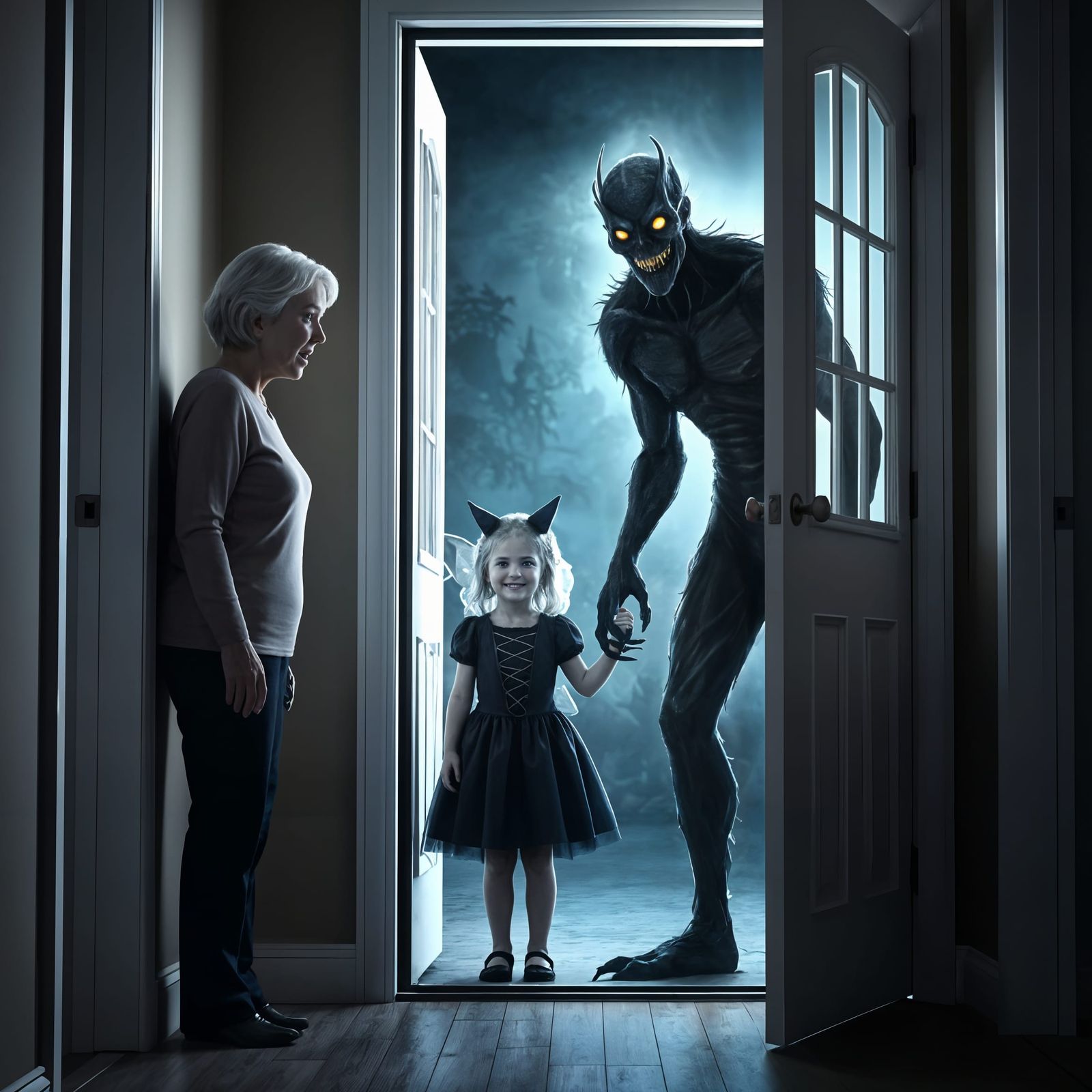 Halloween Contrast: Girl and Monster at Door