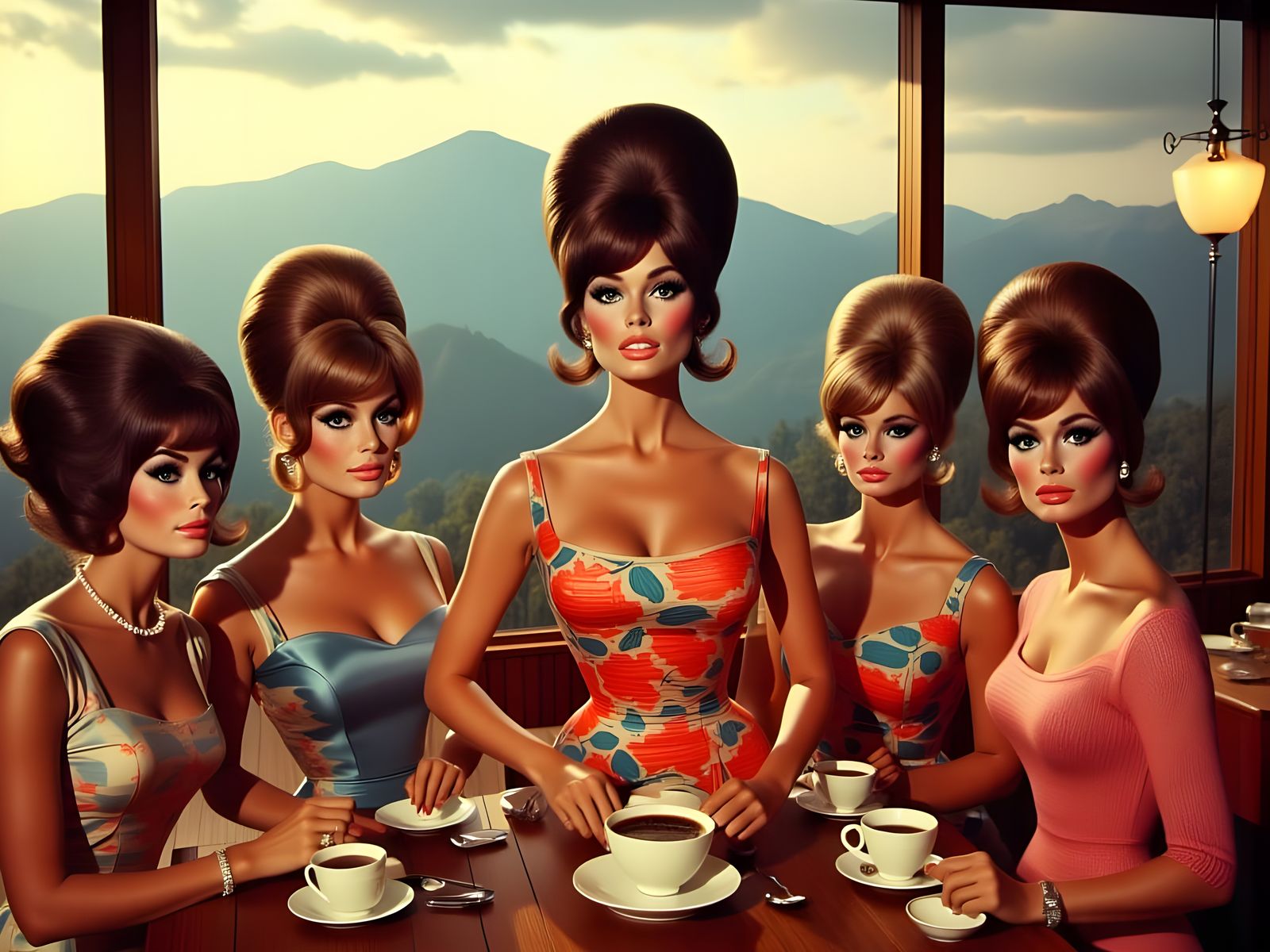 Housewives Laugh and Sip Coffee at Sunrise in Sun Valley