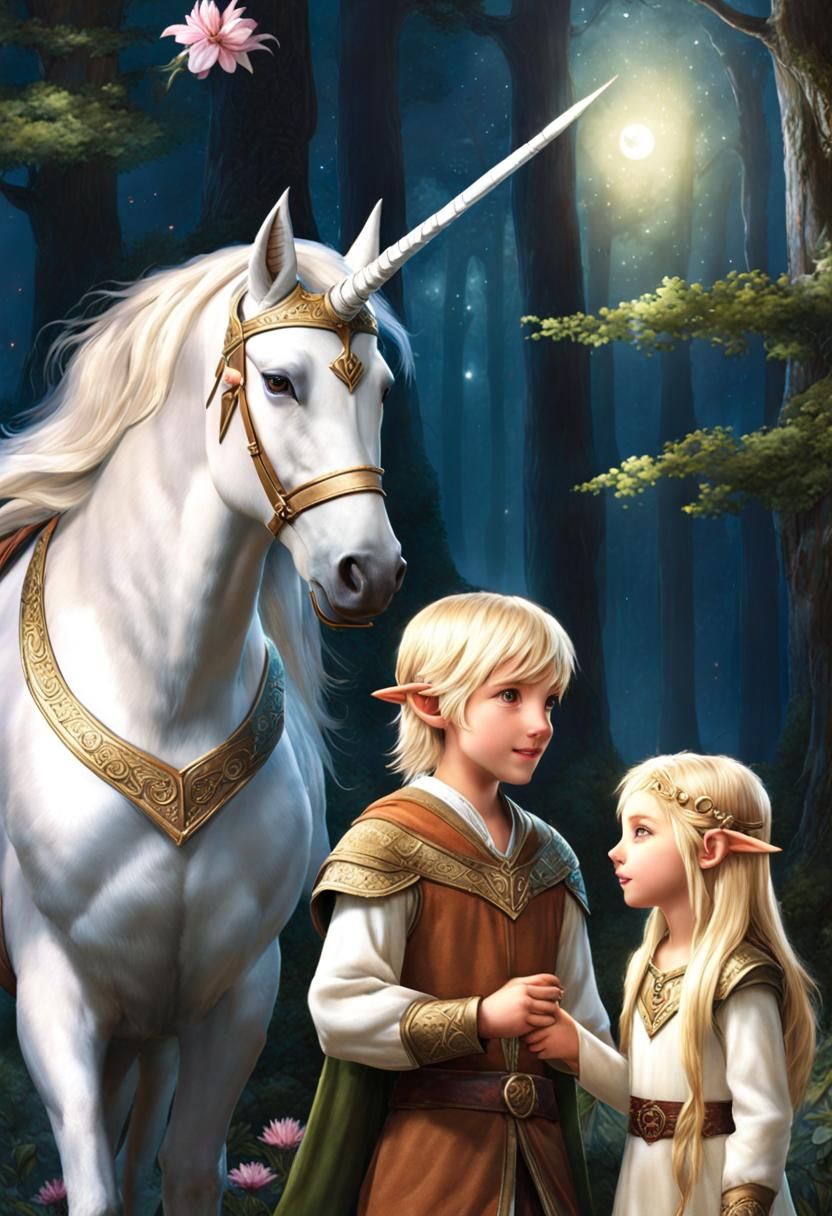 Elvish Boy and Girl with Unicorn in Magic Forest