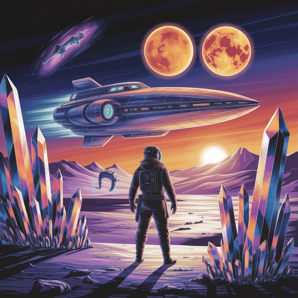 Distant Moon Explorer in Vibrant Gouache Painting