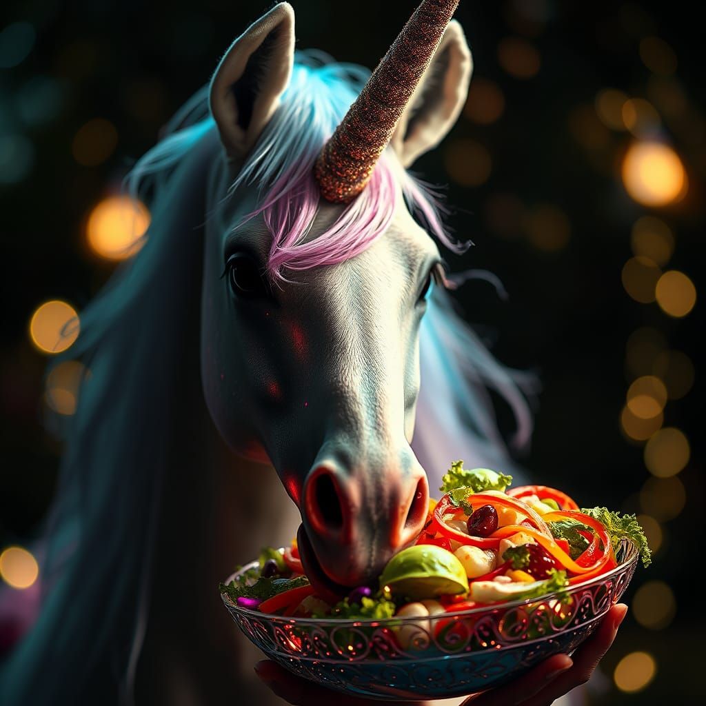 Unicorn Offering Rainbow Salad: Brian Froud Style