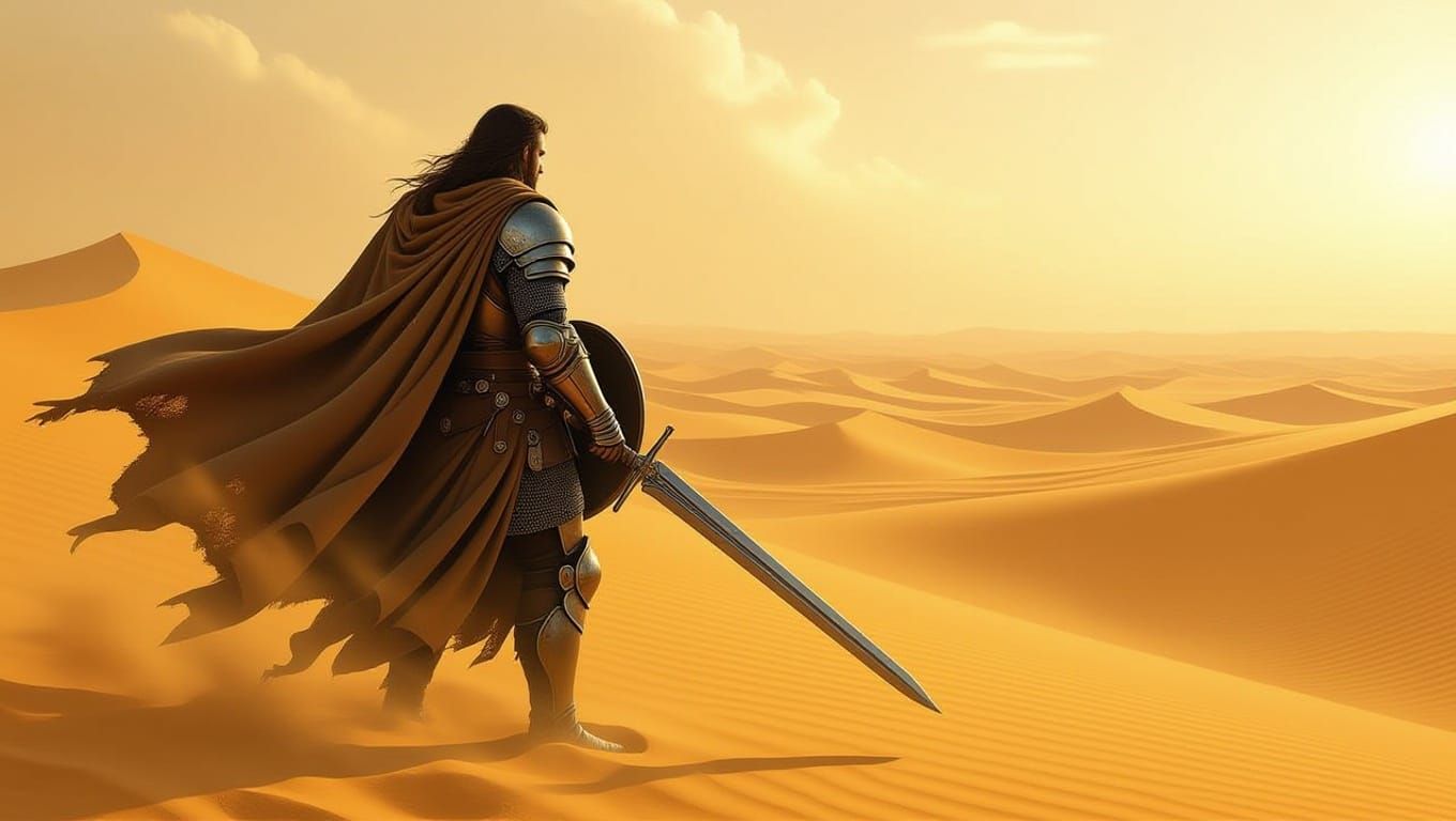 Heroic Knight Amidst Golden Sand Dunes