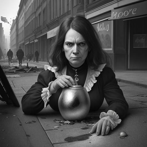 Victorious Berlin Woman Holds Up Potato in Ruined Shop