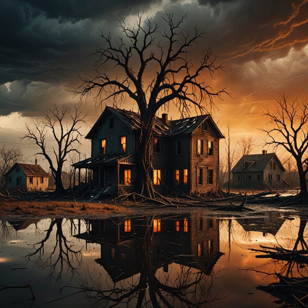 Eerie Post-Apocalyptic House in Surreal Flooded Landscape