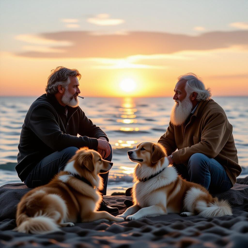 Serene Sunset by the Sea with Two Men and a Dog