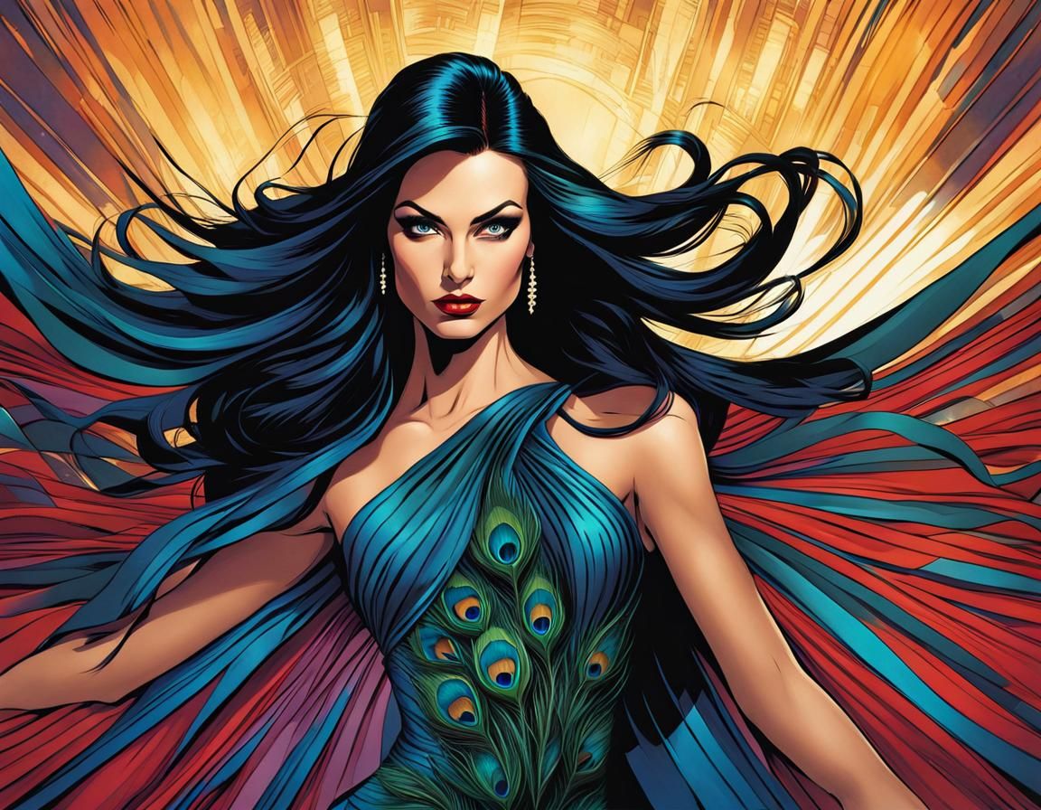 Glamorous Woman in Peacock Inspired Gown, Comic Book Art