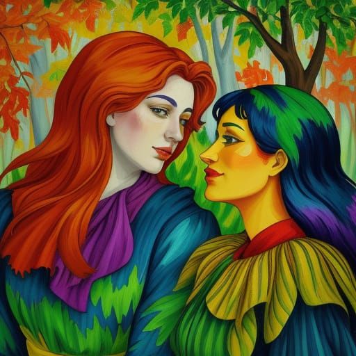 Two Women Lost in Forest: A Fauvist Oil Painting