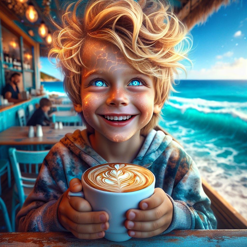 Boy's Joyful Moment at Beach Cafe in Splash Art Style